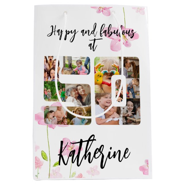 Happy and Fabulous 50th Birthday Multi Photo Medium Gift Bag (Front)