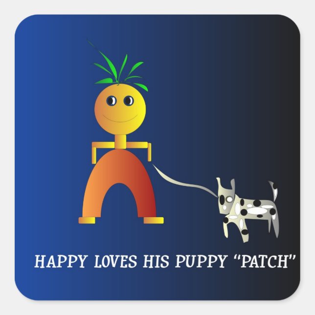 Happy and Patch>  Childrens Sticker. Square Sticker (Front)
