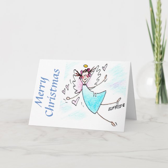 Happy Angel Smiling Blue Gowned with Hearts Holiday Card (Front)