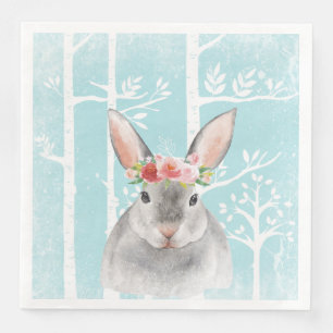 Happy Animal with Flowers in Blue Forest-Bunny Napkin