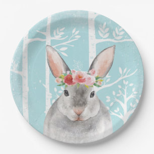 Happy Animal with Flowers in Blue Forest-Bunny Paper Plate