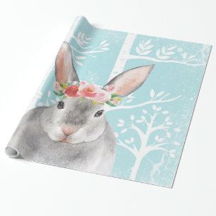 Happy Animal with Flowers in Blue Forest-Bunny Wrapping Paper