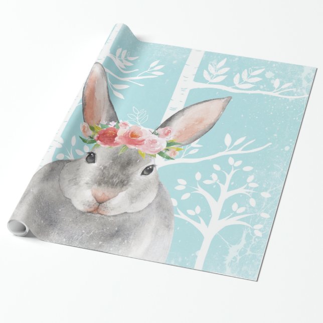 Happy Animal with Flowers in Blue Forest-Bunny Wrapping Paper (Unrolled)