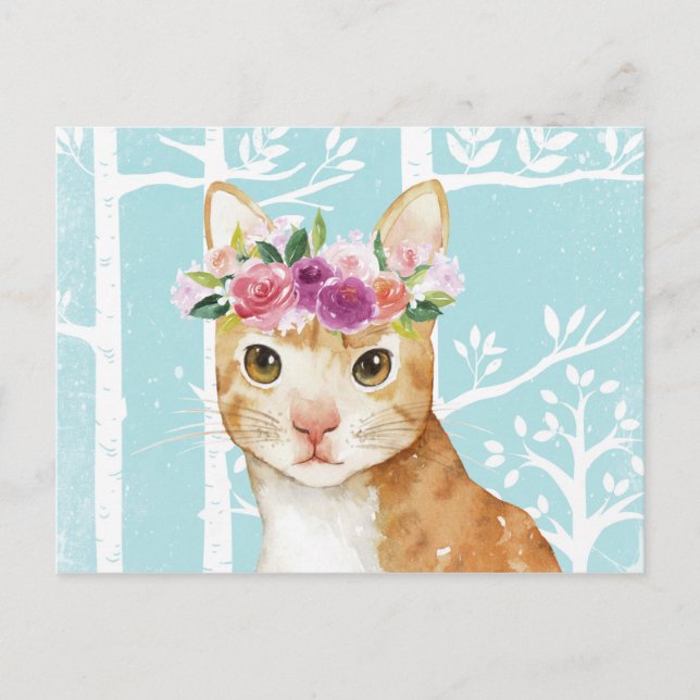 Happy Animal with Flowers in Blue Forest-Cat Kitty Postcard (Front)