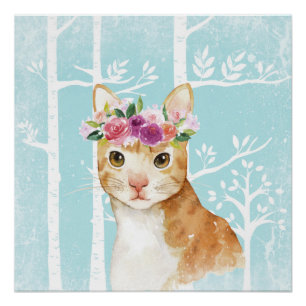 Happy Animal with Flowers in Blue Forest-Cat Kitty Poster