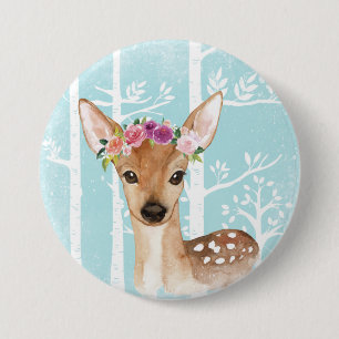 Happy Animal with Flowers in Blue Forest-Deer 3 Inch Round Button