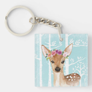 Happy Animal with Flowers in Blue Forest-Deer Keychain