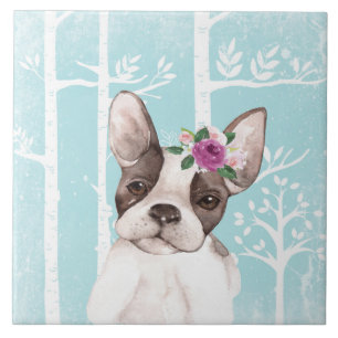 Happy Animal with Flowers in Blue Forest-Dog-Pug Tile