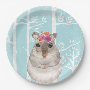 Happy Animal with Flowers in Blue Forest-Hamster Paper Plate