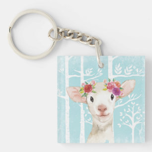Happy Animal with Flowers in Blue Forest-Sheep Keychain
