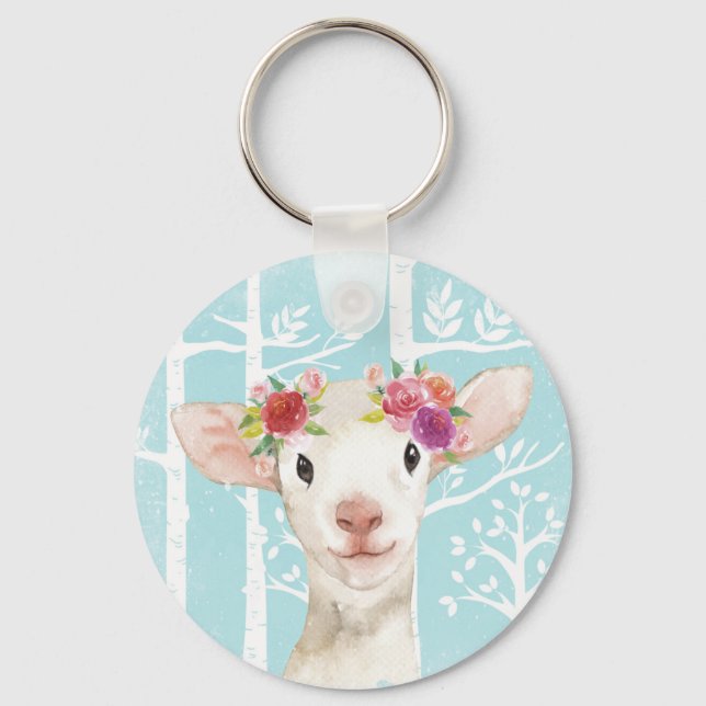 Happy Animal with Flowers in Blue Forest-Sheep Keychain (Front)