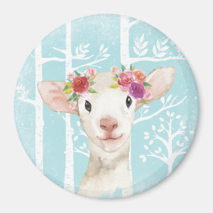 Happy Animal with Flowers in Blue Forest-Sheep Magnet