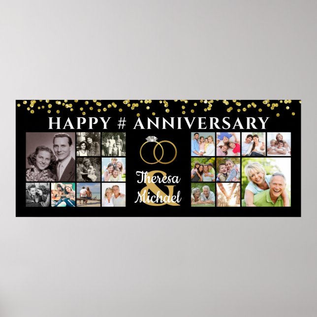 Happy Anniversary 18 Photo Collage Black Gold Poster (Front)