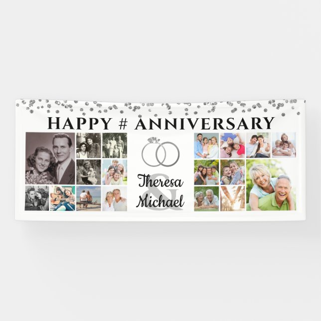 Happy Anniversary 18 Photo Collage Custom Silver Banner (Horizontal)
