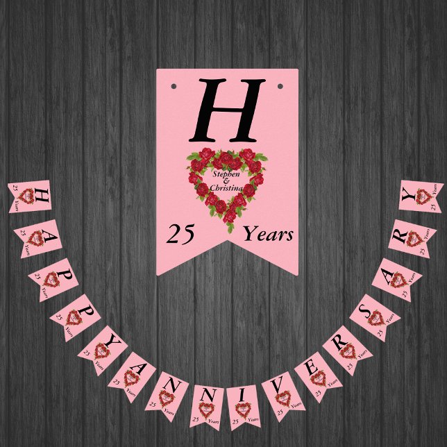Happy Anniversary 25 Years Red Rose Heart Wreath Bunting Flags (Heart shaped wreath of red roses on pink on Happy Anniversary bunting flag decoration.)