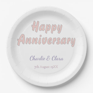  Happy anniversary add name pink grey pastel bold  Paper Plate