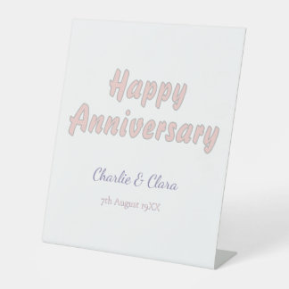 Happy anniversary add name pink grey pastel bold Pedestal Sign