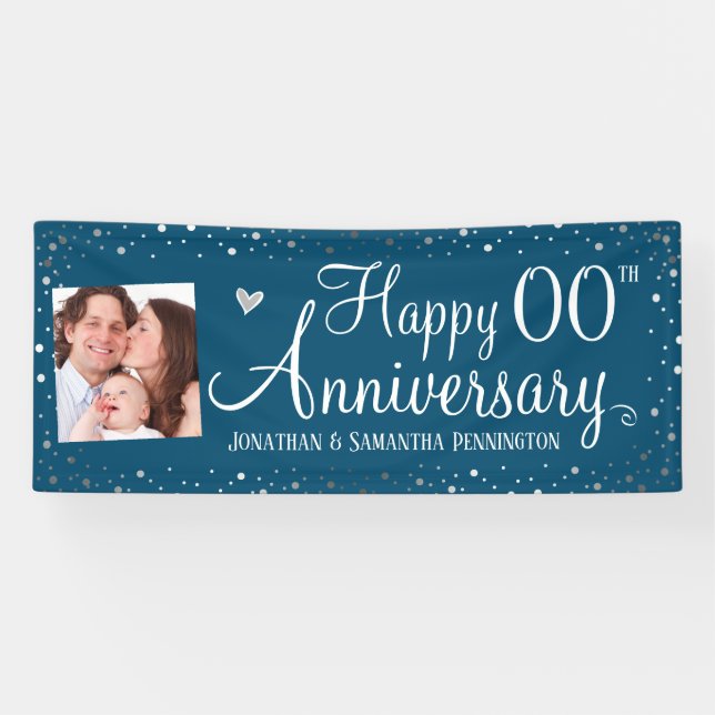 Happy Anniversary Any Year Photo Silver Confetti Banner (Horizontal)
