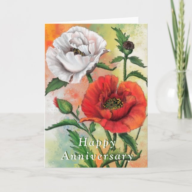 Happy Anniversary Card Red White Poppy Flowers (Front)
