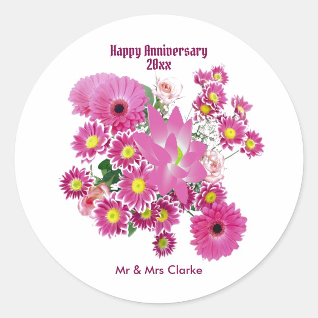 Happy Anniversary Chrysanthemum Daisy Floral Cute  Classic Round Sticker (Front)