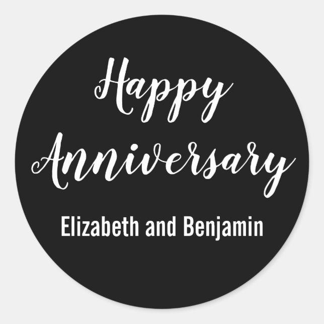 Happy Anniversary Couple's Names Black and White Classic Round Sticker (Front)