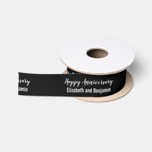 Happy Anniversary Couple's Names Black and White Satin Ribbon