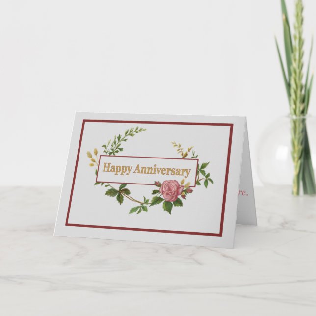 Happy Anniversary, Elegant Pink Vintage Rose Card (Front)