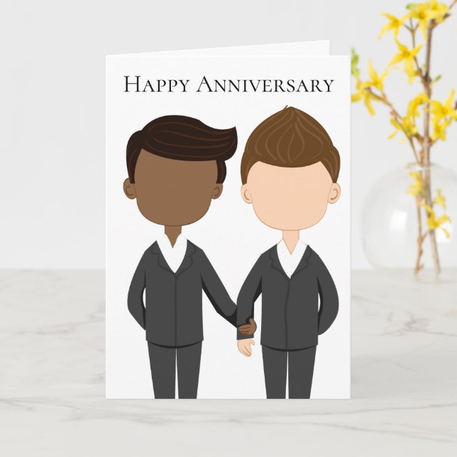 Happy Anniversary Gay Couple Interracial Men Card (Yellow Flower)