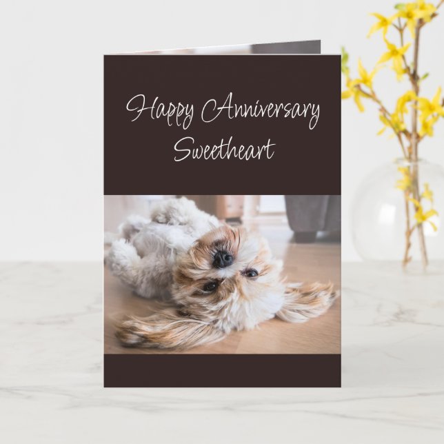 Happy Anniversary I woof You Cute Dog Card (Yellow Flower)