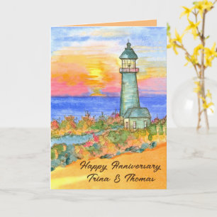 Happy Anniversary Lighthouse Sunset Personalized Card