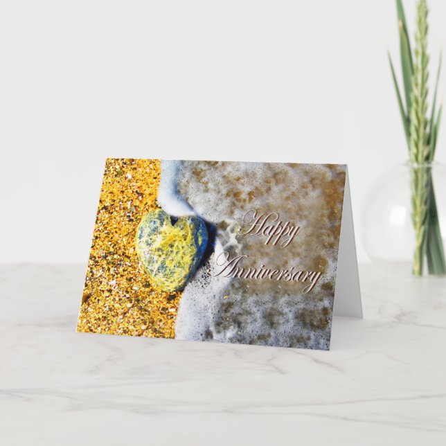 Happy Anniversary,Love Heart Pebble on Beach Card (Front)