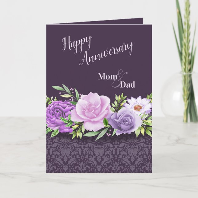 Happy Anniversary Mom and Dad Purple Roses Damask Card (Front)