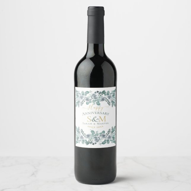 Happy anniversary monogram green leaves garden wine label (Front)