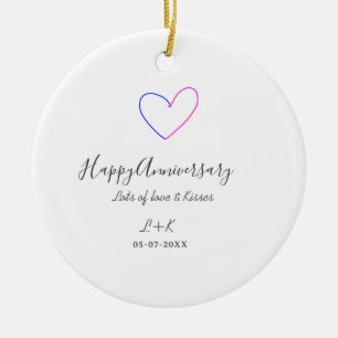 Happy anniversary pink blue heart name date simple ceramic ornament