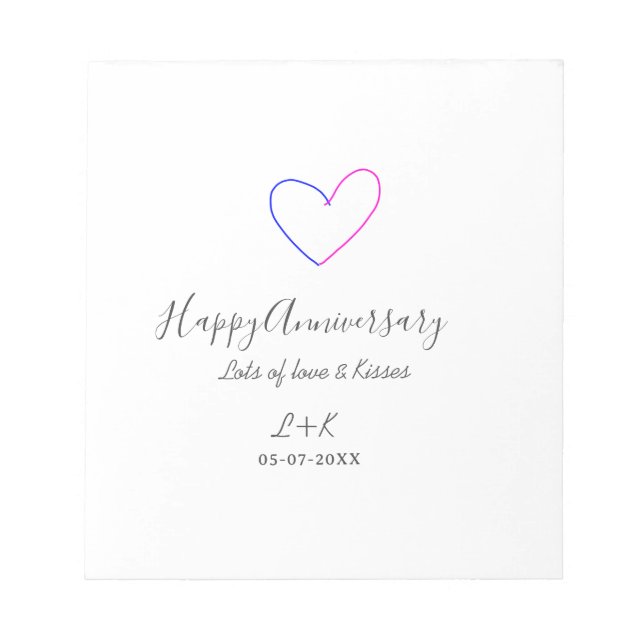Happy anniversary pink blue heart name date simple notepad (Front)