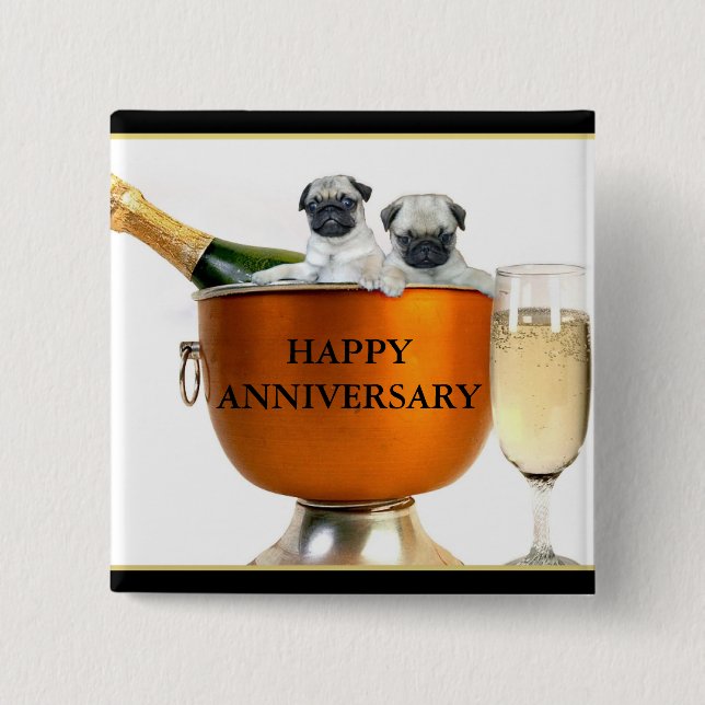 Happy Anniversary pug puppies button (Front)