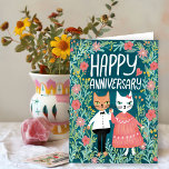 Happy Anniversary Purr-fect Pair Cats Floral Card<br><div class="desc">Also available as a digital download to quickly email and save on postage. Sweet drawing of two cute cats to wish someone a happy anniversary! Click on “Personalize” above to edit the inside text to suit your needs. Then click "edit using design tool" to adjust the fonts, colours and placements....</div>