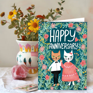 Happy Anniversary Purr-fect Pair Cats Floral Card