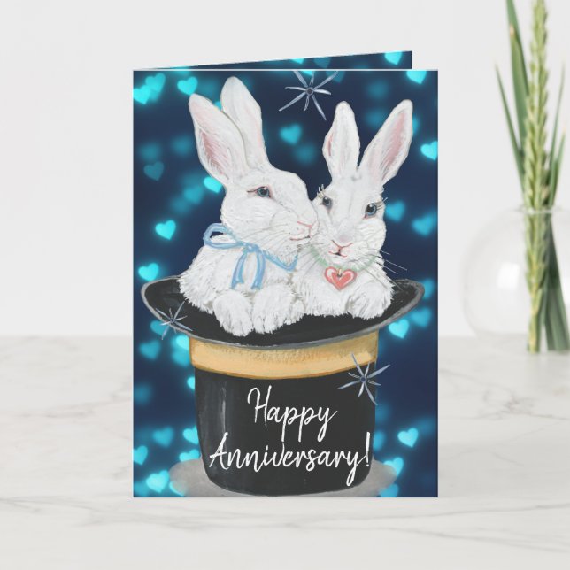 Happy Anniversary Rabbits Magic Top Hat Custom Card (Front)