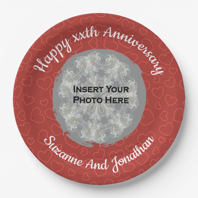 Happy Anniversary Red Hearts Personalized Photo Paper Plate (Front)