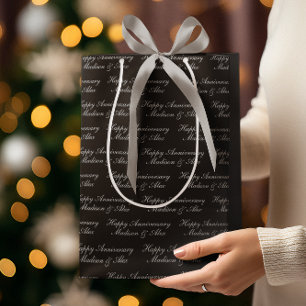 Happy Anniversary Script with Name Black Silver Medium Gift Bag