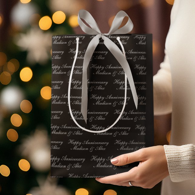 Happy Anniversary Script with Name Black Silver Medium Gift Bag (Creator Uploaded)