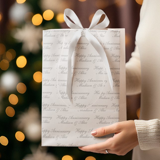 Happy Anniversary Script with Name White Silver Medium Gift Bag (Creator Uploaded)