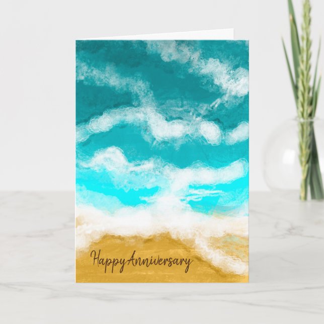 Happy Anniversary Turquoise Ocean Waves Coastal   Card (Front)