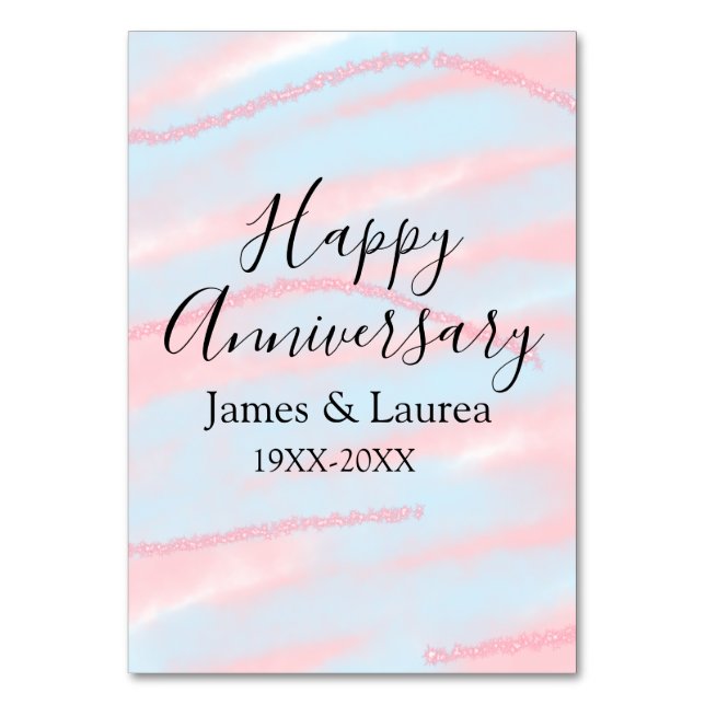 Happy anniversary wedding name date year pastel  table number (Front)