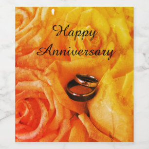 Happy Anniversary Wedding Rings Yellow Roses Wine Label