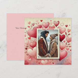 Happy Anniversary Your Photo Hearts Red Pink Cream Holiday Card