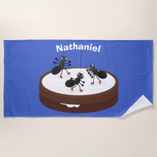 Happy ants ice skating on cookie cartoon beach towel
