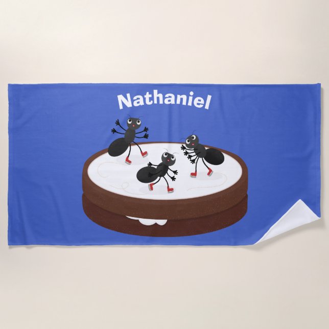 Happy ants ice skating on cookie cartoon beach towel (Front)