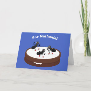 Happy ants ice skating on cookie cartoon card